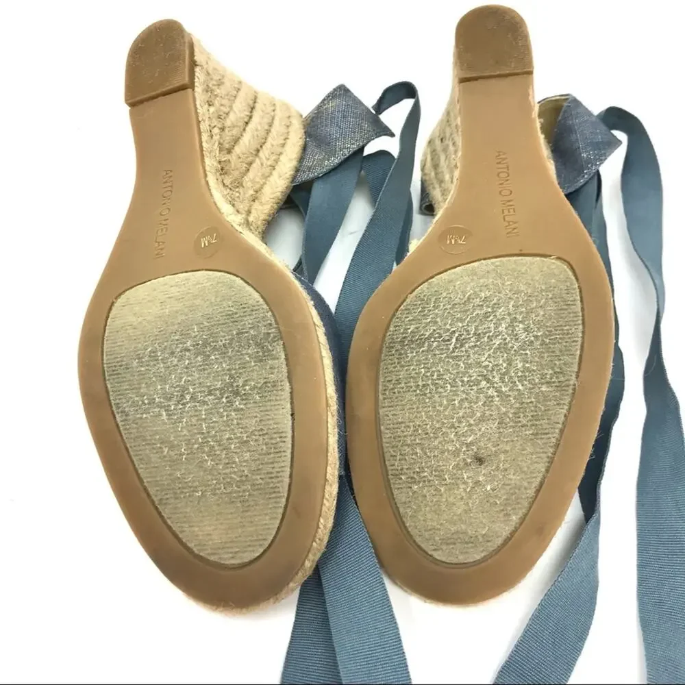 Antonio Melani-7 1/2-“Ariel” Blue Metallic Ankle Wrap Espadrille Wedge Sandals